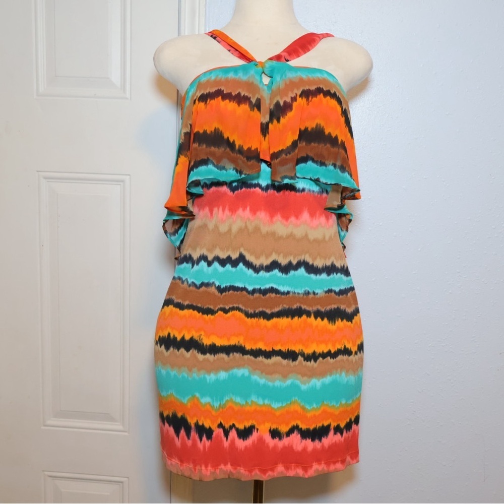 Max & Cleo Multicolor Striped Mini Dress - Turquoise, Orange, Coral, Brown